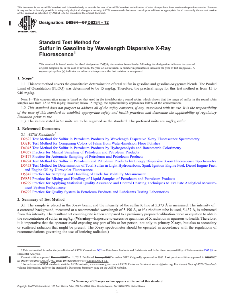 REDLINE ASTM D6334-12 - Standard Test Method for Sulfur in Gasoline by Wavelength Dispersive X-Ray Fluorescence