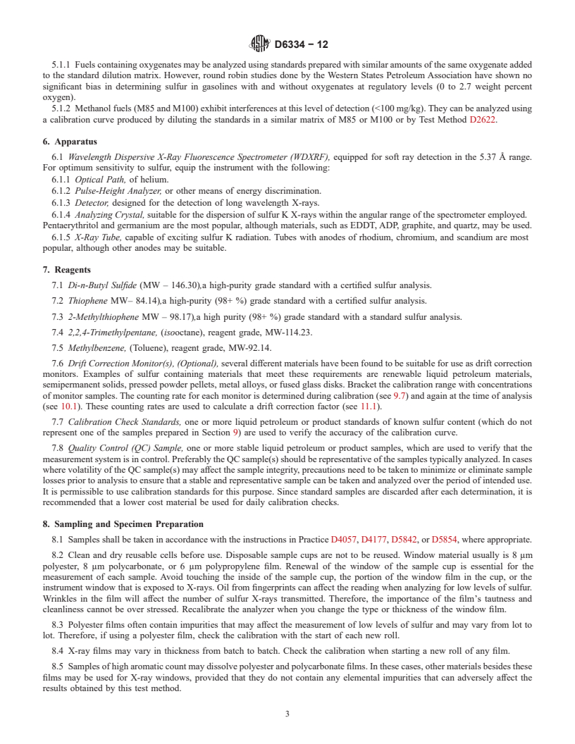 REDLINE ASTM D6334-12 - Standard Test Method for Sulfur in Gasoline by Wavelength Dispersive X-Ray Fluorescence