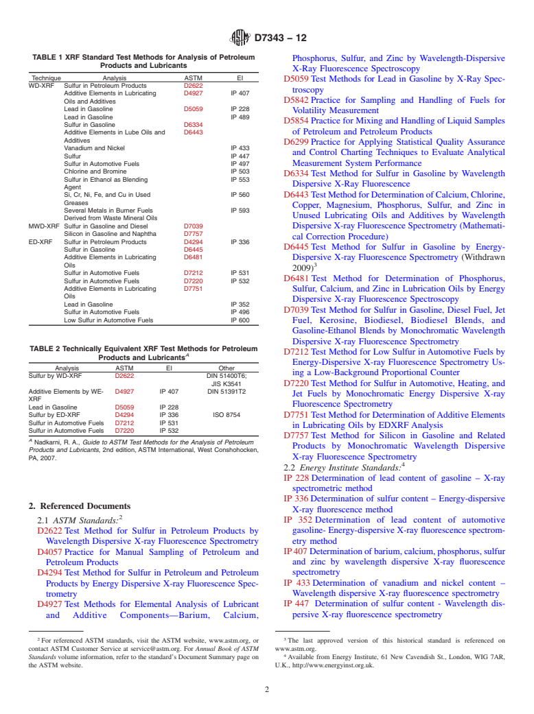 ASTM D7343-12 - Standard Practice for Optimization, Sample Handling, Calibration, and Validation  of X-ray  Fluorescence Spectrometry Methods for Elemental Analysis  of Petroleum Products  and Lubricants