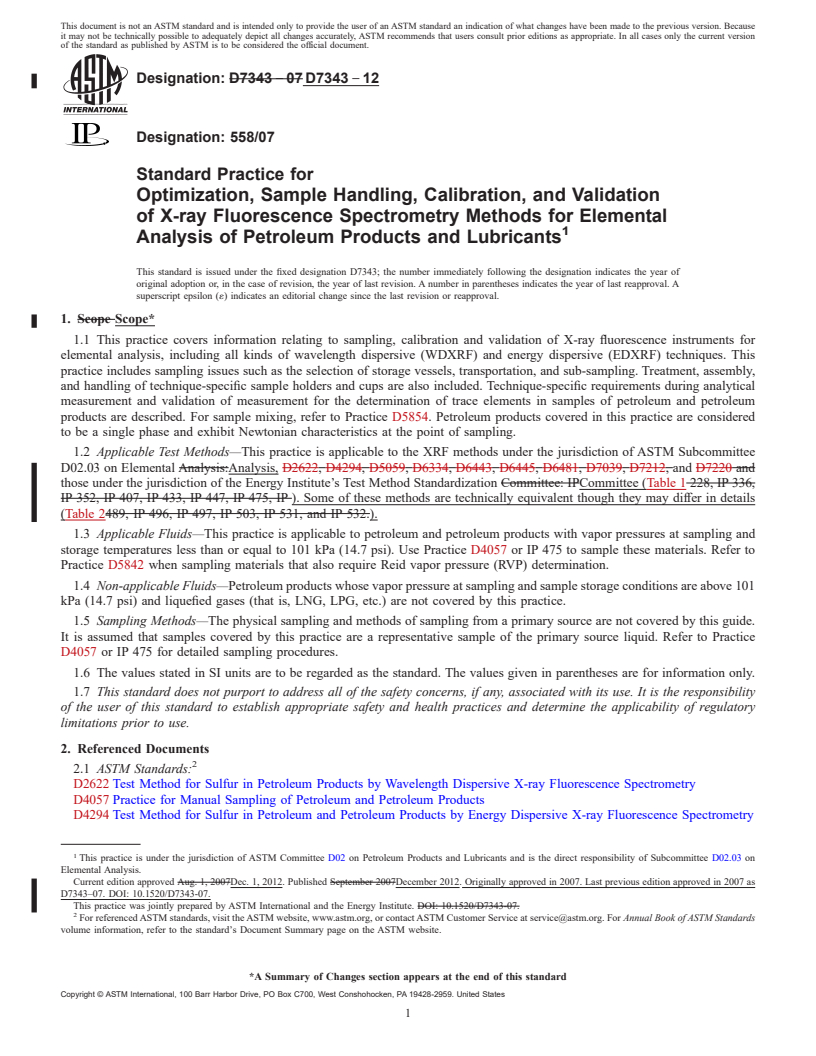 REDLINE ASTM D7343-12 - Standard Practice for Optimization, Sample Handling, Calibration, and Validation  of X-ray  Fluorescence Spectrometry Methods for Elemental Analysis  of Petroleum Products  and Lubricants