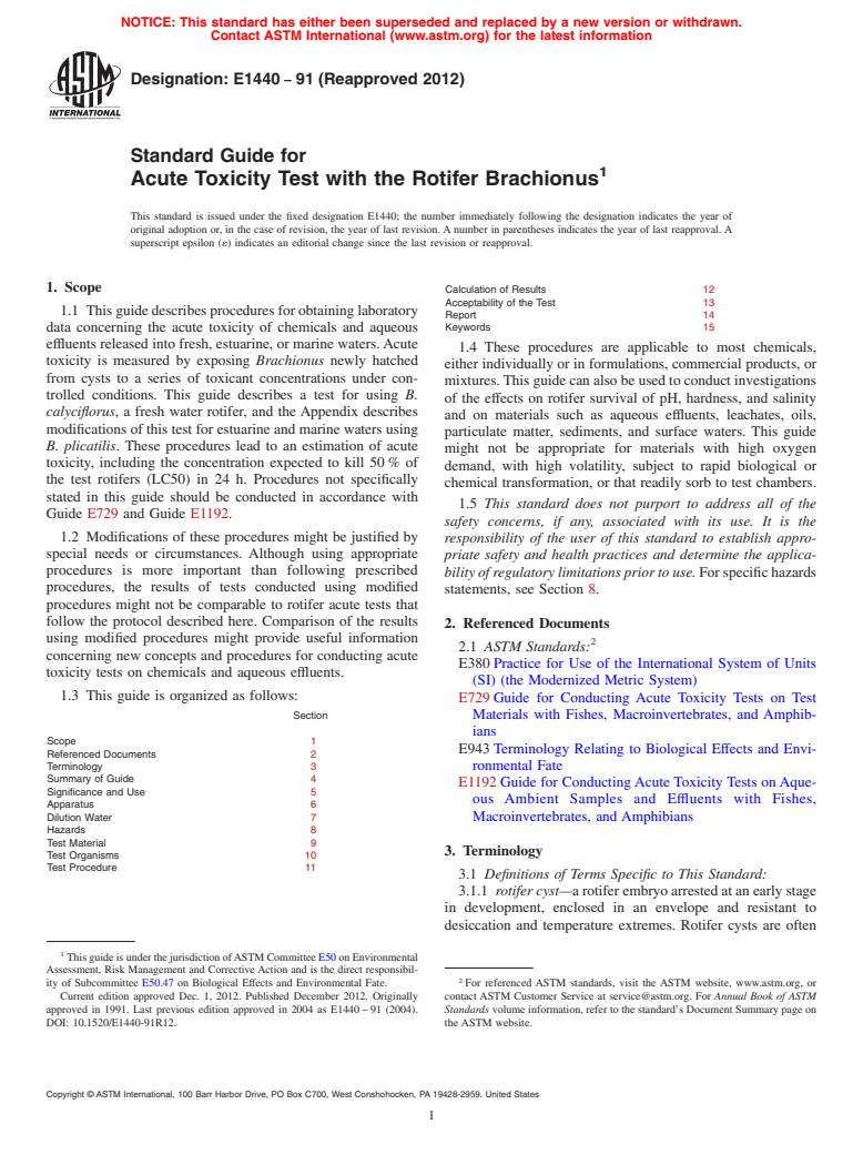 ASTM E1440-91(2012) - Standard Guide for  Acute Toxicity Test with the Rotifer Brachionus (Withdrawn 2021)