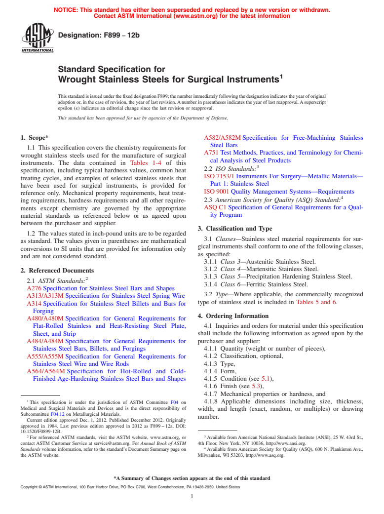 ASTM F899-12b - Standard Specification for Wrought Stainless Steels for Surgical Instruments