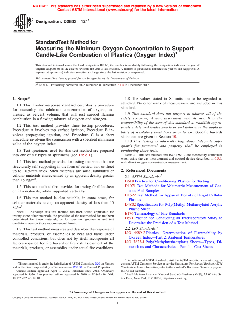 ASTM D2863-12e1 - Standard Test Method for  Measuring the Minimum Oxygen Concentration to Support Candle-Like  Combustion of Plastics (Oxygen Index)