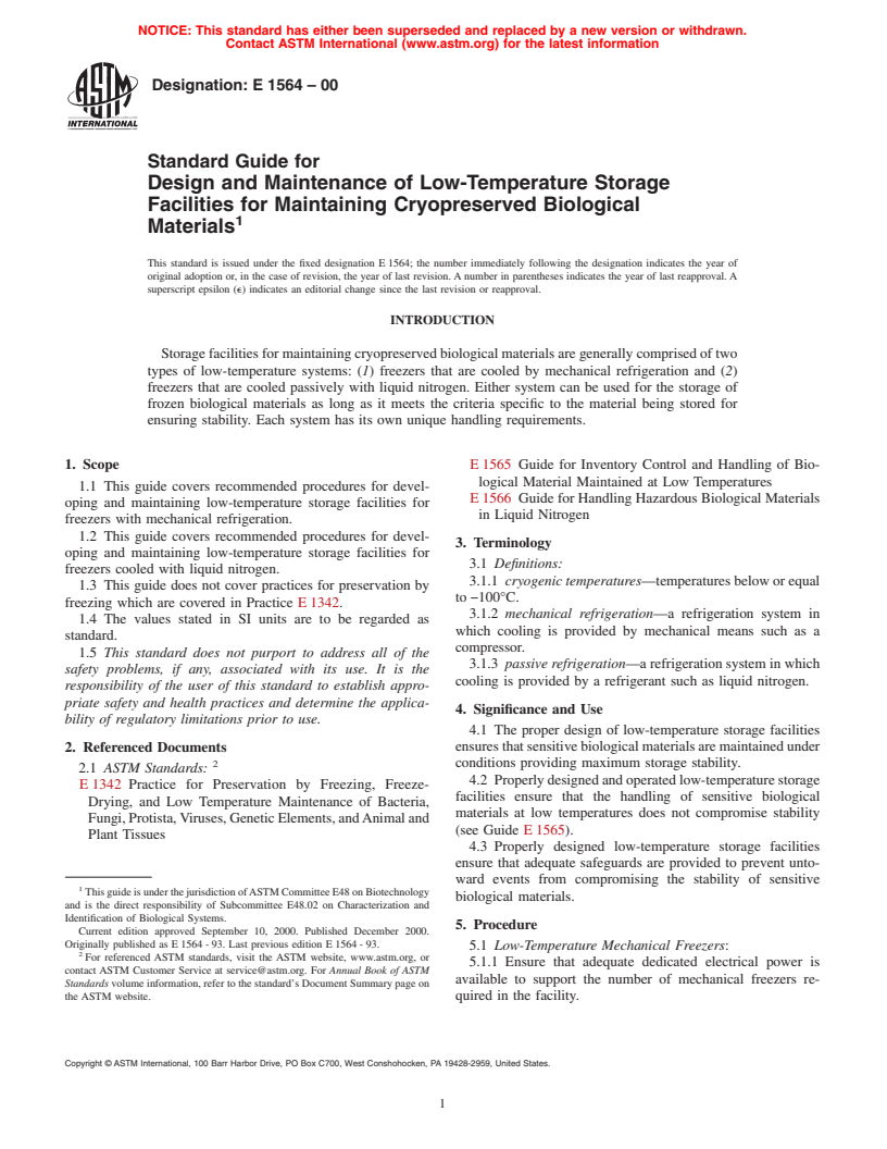 ASTM E1564-00 - Standard Guide for Design and Maintenance of Low-Temperature Storage Facilities for Maintaining Cryopreserved Biological Materials