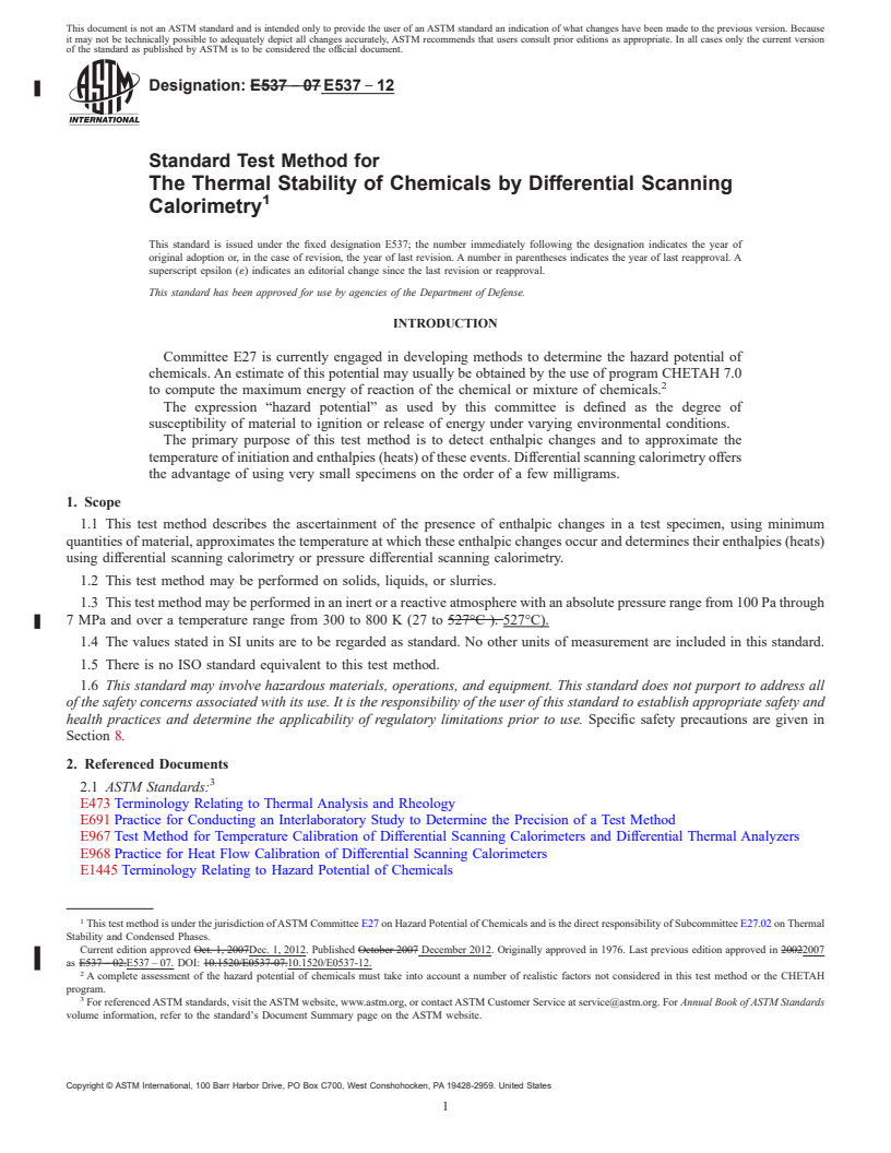 REDLINE ASTM E537-12 - Standard Test Method for  The Thermal Stability of Chemicals by Differential Scanning  Calorimetry