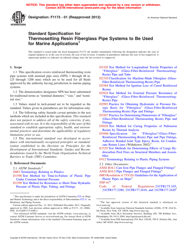 ASTM F1173-01(2012) - Standard Specification for Thermosetting Resin Fiberglass Pipe Systems to Be Used for Marine Applications