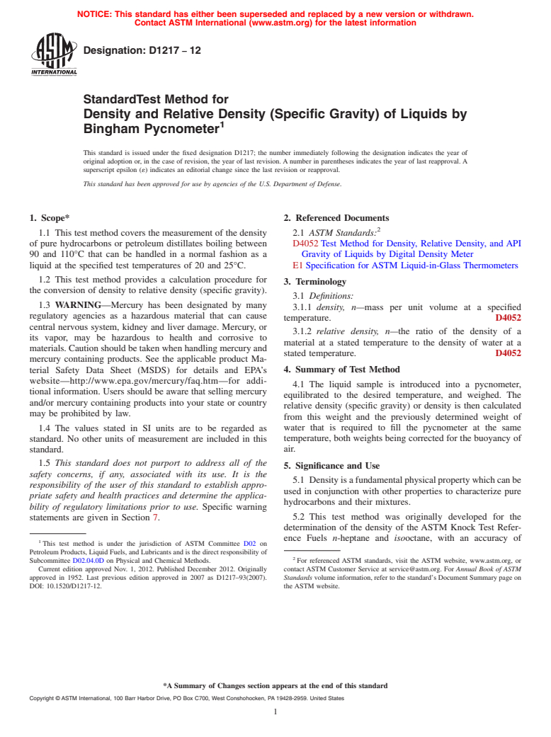 ASTM D1217-12 - Standard Test Method for Density and Relative Density (Specific Gravity) of Liquids  by Bingham Pycnometer