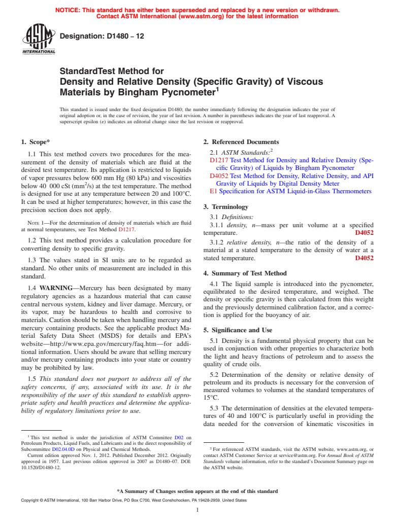 ASTM D1480-12 - Standard Test Method for Density and Relative Density (Specific Gravity) of Viscous Materials by Bingham Pycnometer