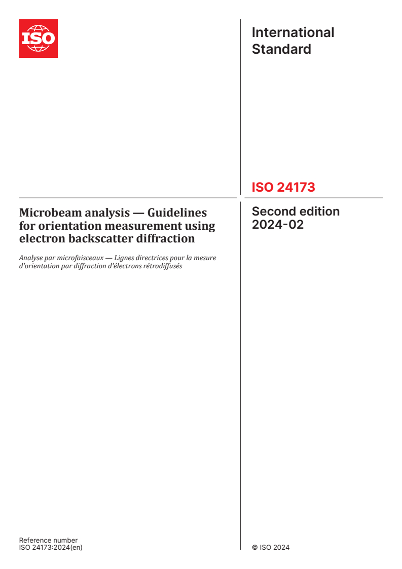 ISO 24173:2024 ISO 24173:2024 - Microbeam analysis — Guidelines for orientation measurement using electron backscatter diffraction
Released:9. 02. 2024 - Page 1 preview