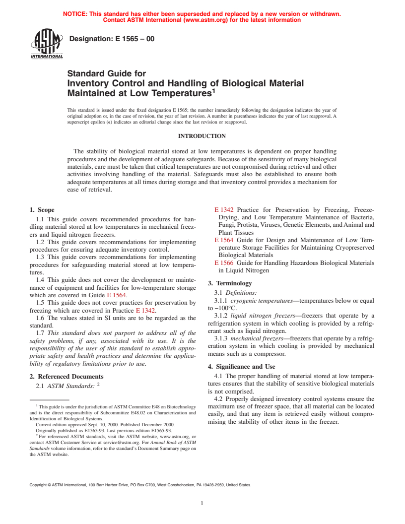 ASTM E1565-00 - Standard Guide for Inventory Control and Handling of Biological Material Maintained at Low Temperatures