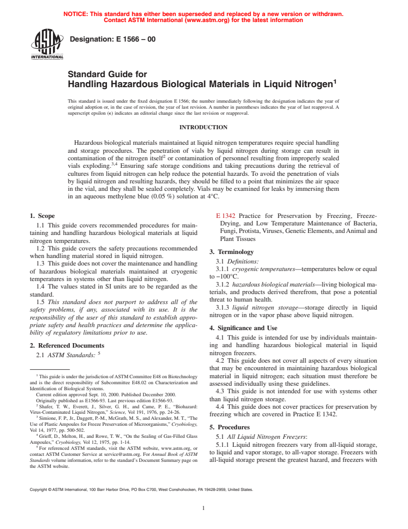 ASTM E1566-00 - Standard Guide for Handling Hazardous Biological Materials in Liquid Nitrogen