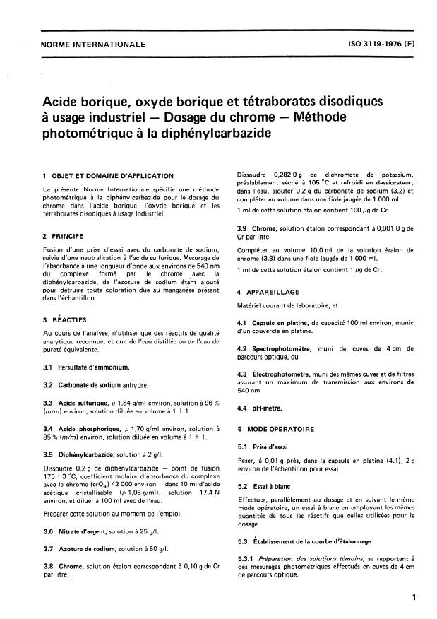 ISO 3119:1976 - Acide borique, oxyde borique et tétraborates disodiques a usage industriel -- Dosage du chrome -- Méthode photométrique a la diphénylcarbazide