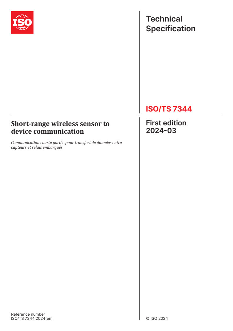 ISO/TS 7344:2024 - Short-range wireless sensor to device communication
Released:14. 03. 2024
