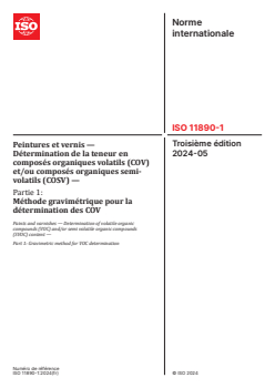 ISO 11890-1:2024 - Peintures et vernis — Détermination de la teneur en composés organiques volatils (COV) et/ou composés organiques semi-volatils (COSV) — Partie 1: Méthode gravimétrique pour la détermination des COV
Released:8. 05. 2024 - Page 1 preview