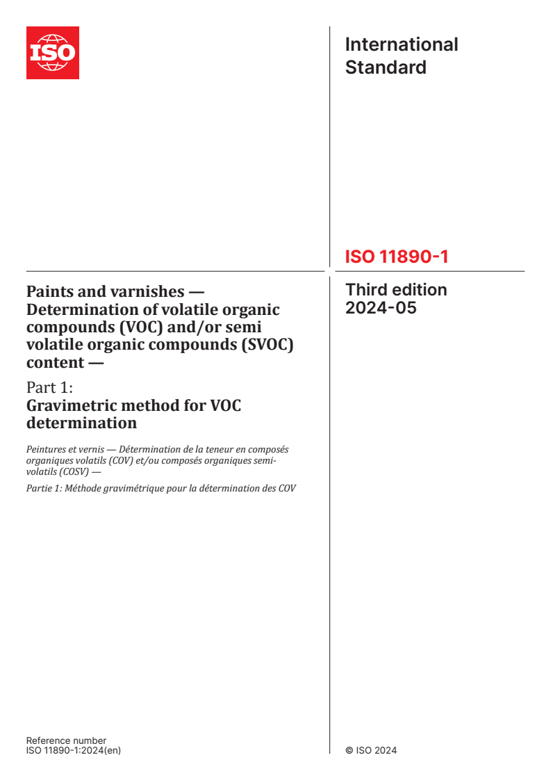 ISO 11890-1:2024 - Paints and varnishes — Determination of volatile organic compounds (VOC) and/or semi volatile organic compounds (SVOC) content — Part 1: Gravimetric method for VOC determination
Released:8. 05. 2024