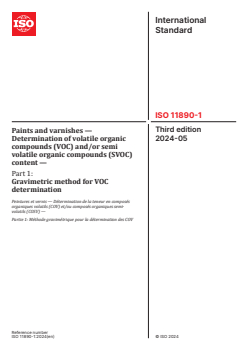ISO 11890-1:2024 - Paints and varnishes — Determination of volatile organic compounds (VOC) and/or semi volatile organic compounds (SVOC) content — Part 1: Gravimetric method for VOC determination
Released:8. 05. 2024 - Page 1 preview