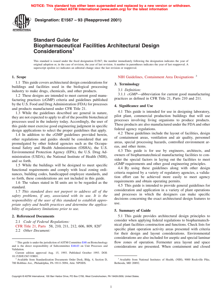 ASTM E1567-93(2001) - Standard Guide for Biopharmaceutical Facilities Architectural Design Considerations (Withdrawn 2010)