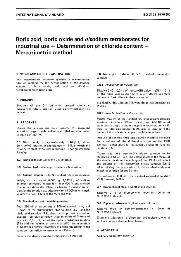 ISO 3121:1976 - Boric acid, boric oxide and disodium tetraborates for industrial use -- Determination of chloride content -- Mercurimetric method