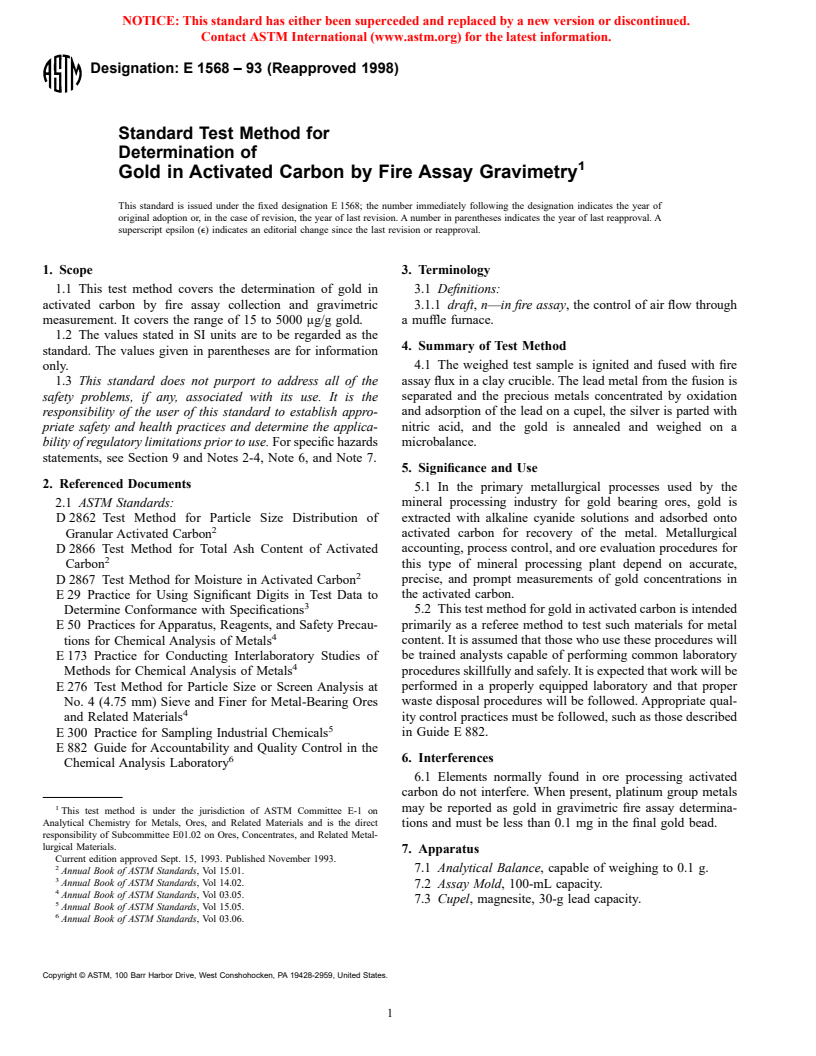 ASTM E1568-93(1998) - Standard Test Method for the Determination of Gold in Activated Carbon by Fire Assay Gravimetry