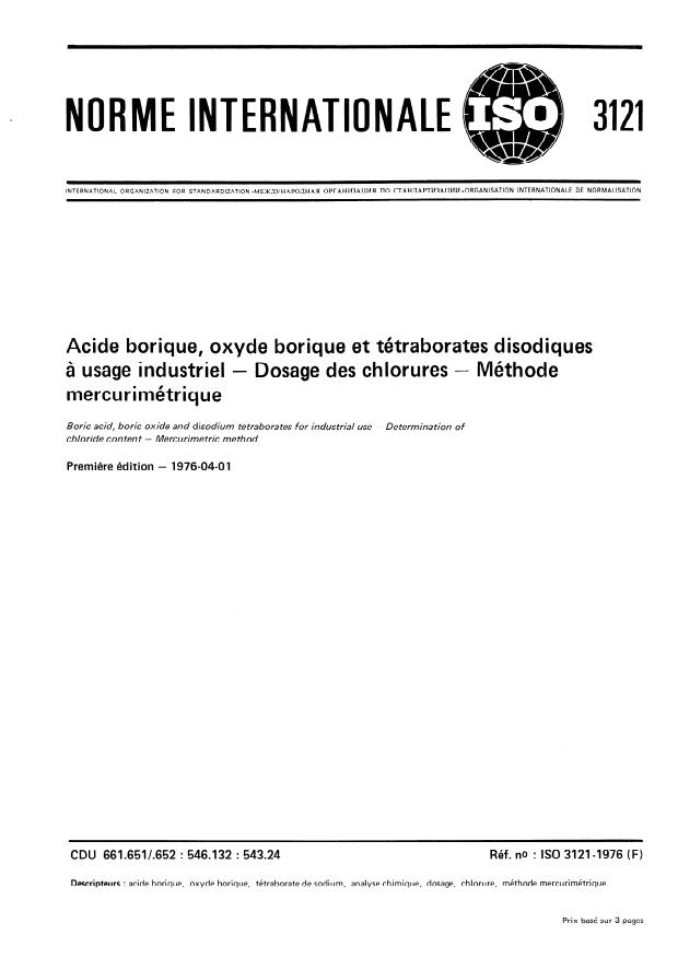 ISO 3121:1976 - Acide borique, oxyde borique et tétraborates disodiques a usage industriel -- Dosage des chlorures -- Méthode mercurimétrique