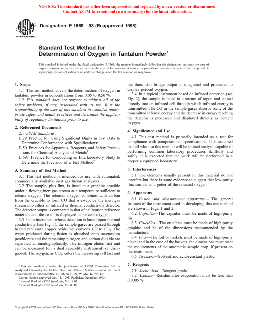 ASTM E1569-93(1998) - Standard Test Method for Determination of Oxygen in Tantalum Powder