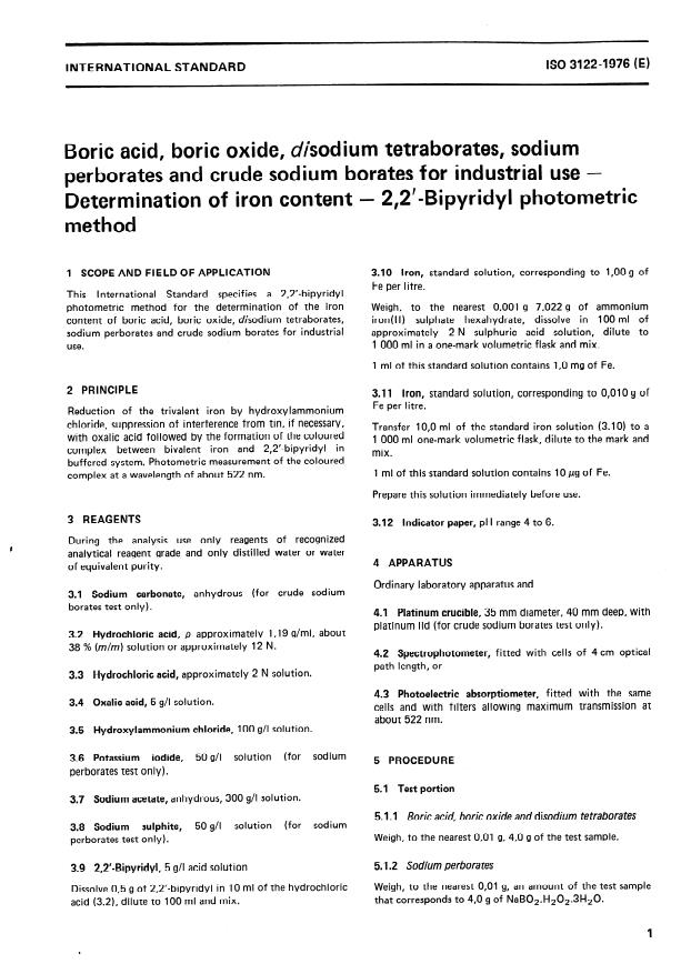 ISO 3122:1976 - Boric acid, boric oxide, disodium tetraborates, sodium perborates and crude borates for industrial use -- Determination of iron content -- 2,2'- Bipyridyl photometric method