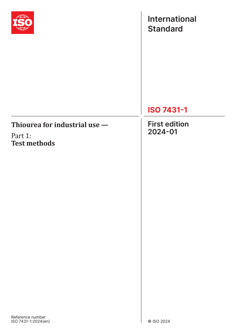 ISO 7431-1:2024 - Thiourea for industrial use — Part 1: Test methods
Released:18. 01. 2024