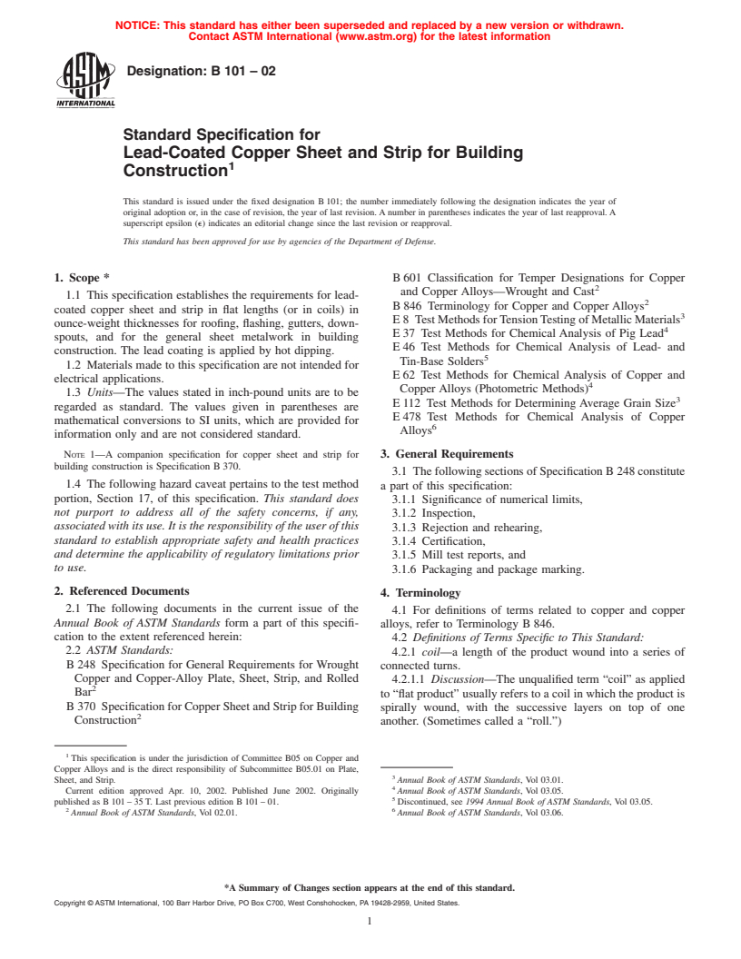ASTM B101-02 - Standard Specification for Lead-Coated Copper Sheet and Strip for Building Construction