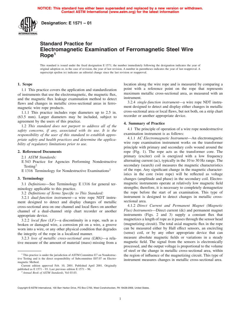 ASTM E1571-01 - Standard Practice for Electromagnetic Examination of Ferromagnetic Steel Wire Rope