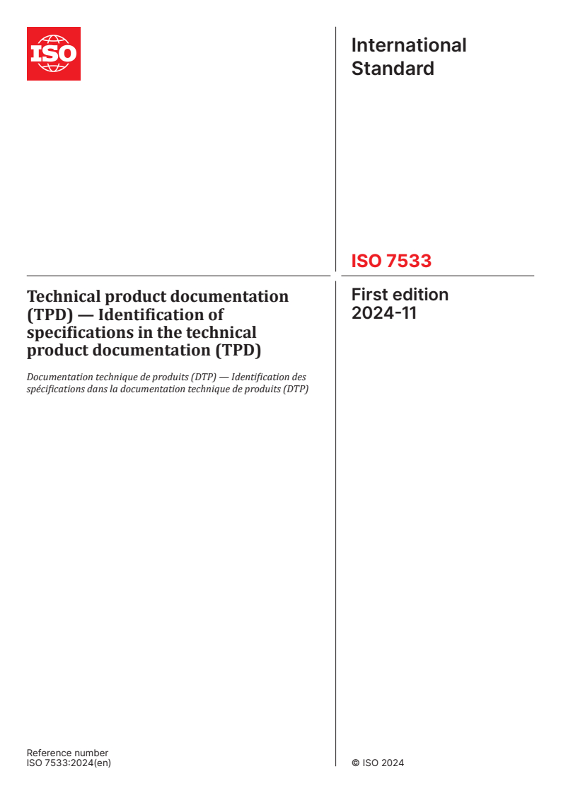 ISO 7533:2024 - Technical product documentation (TPD) — Identification of specifications in the technical product documentation (TPD)
Released:11/19/2024