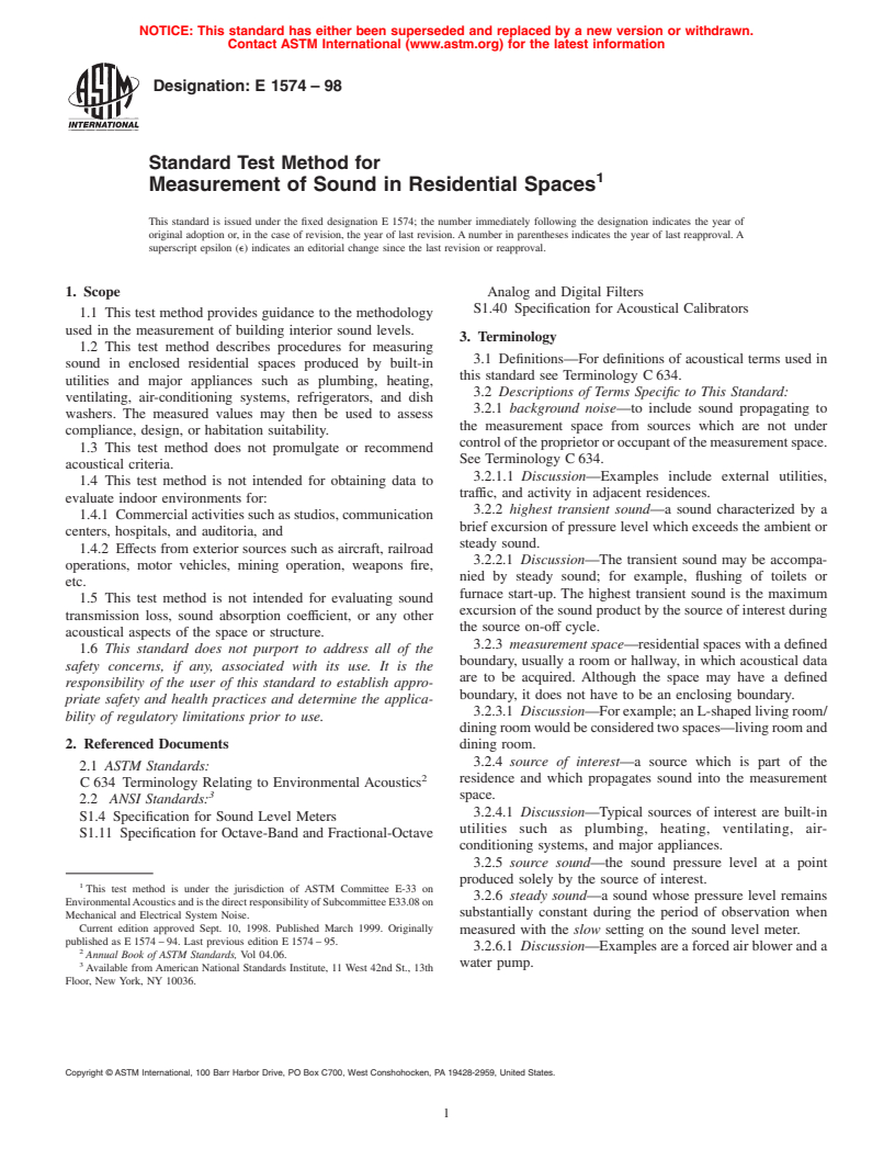 ASTM E1574-98 - Standard Test Method for Measurement of Sound in Residential Spaces