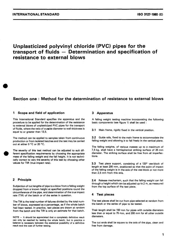 ISO 3127:1980 - Unplasticized polyvinyl chloride (PVC) pipes for the transport of fluids -- Determination and specification of resistance to external blows