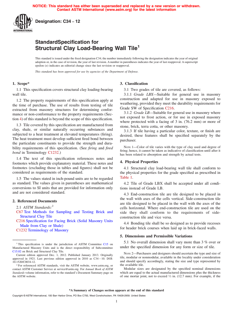 ASTM C34-12 - Standard Specification for  Structural Clay Load-Bearing Wall Tile