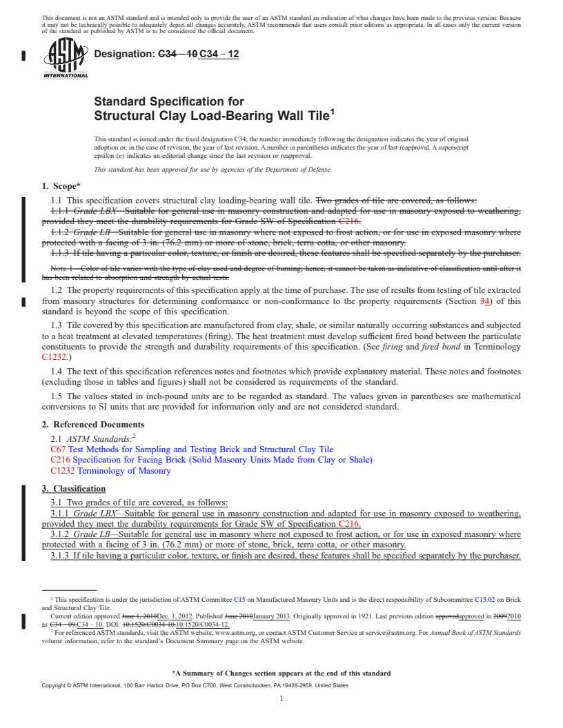 REDLINE ASTM C34-12 - Standard Specification for  Structural Clay Load-Bearing Wall Tile