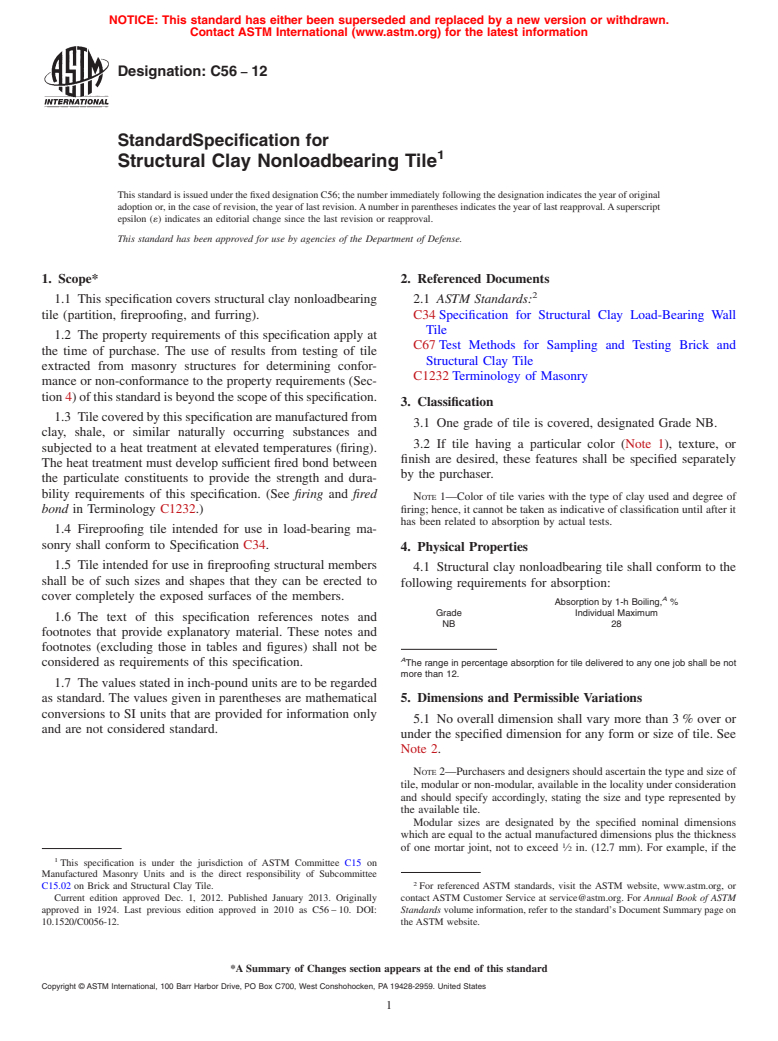 ASTM C56-12 - Standard Specification for  Structural Clay Nonloadbearing Tile