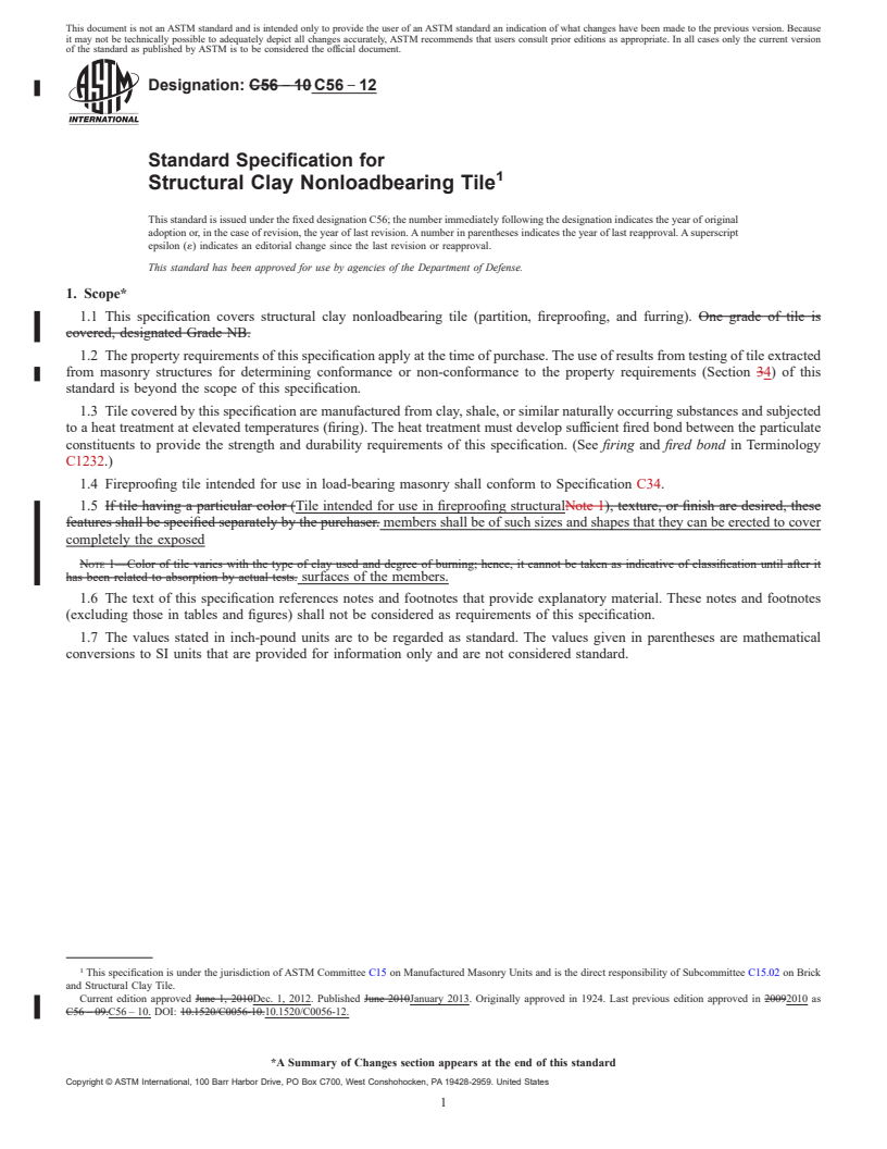 REDLINE ASTM C56-12 - Standard Specification for  Structural Clay Nonloadbearing Tile