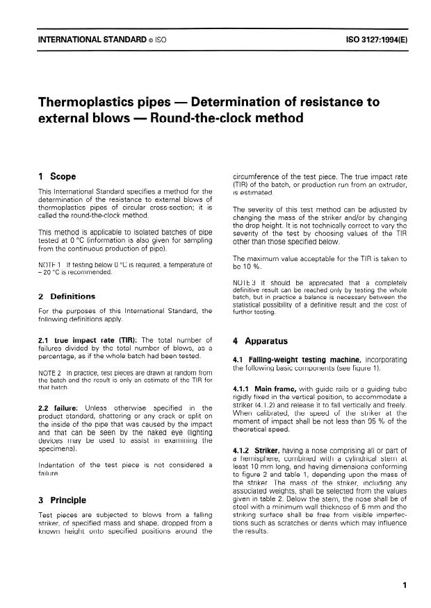 ISO 3127:1994 - Thermoplastics pipes -- Determination of resistance to external blows -- Round-the-clock method