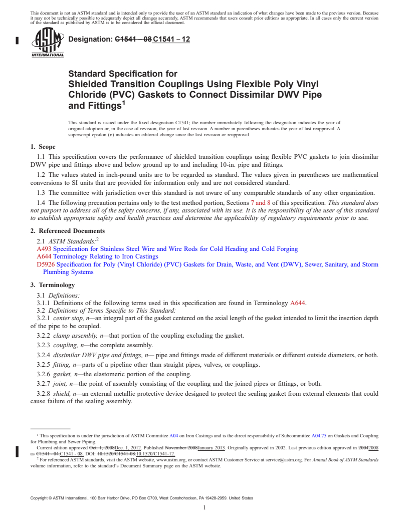 REDLINE ASTM C1541-12 - Standard Specification for  Shielded Transition Couplings Using Flexible Poly Vinyl Chloride  (PVC)  Gaskets to Connect Dissimilar DWV Pipe and Fittings