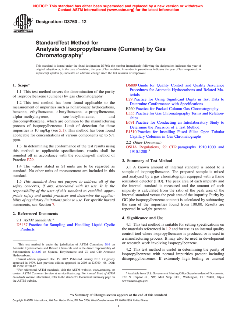 ASTM D3760-12 - Standard Test Method for  Analysis of Isopropylbenzene (Cumene) by Gas Chromatography