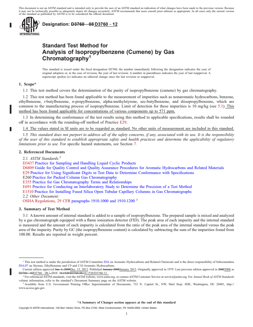 REDLINE ASTM D3760-12 - Standard Test Method for  Analysis of Isopropylbenzene (Cumene) by Gas Chromatography