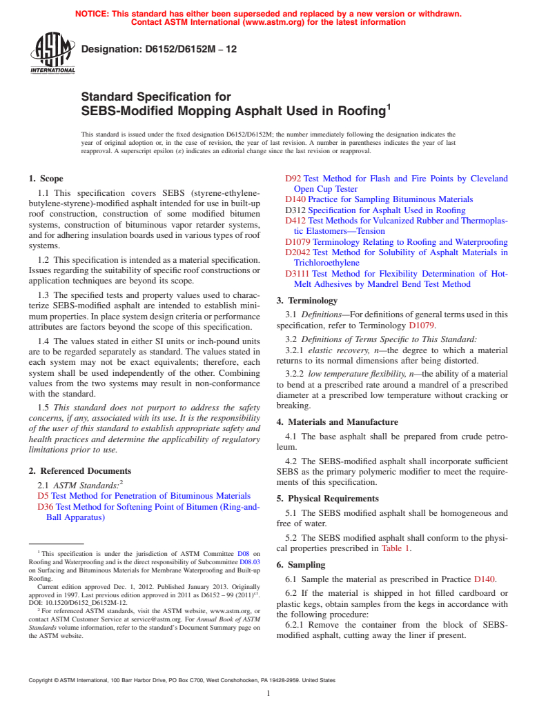 ASTM D6152/D6152M-12 - Standard Specification for  SEBS-Modified Mopping Asphalt Used in Roofing