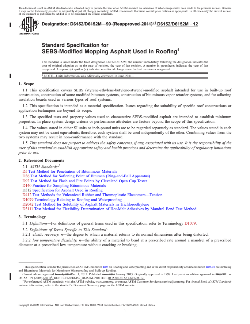 REDLINE ASTM D6152/D6152M-12 - Standard Specification for  SEBS-Modified Mopping Asphalt Used in Roofing