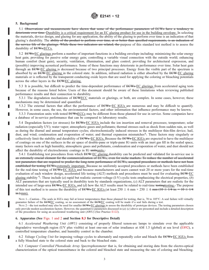 REDLINE ASTM E2141-12 - Standard Test Methods for  Assessing the Durability of Absorptive Electrochromic Coatings  on Sealed Insulating Glass Units