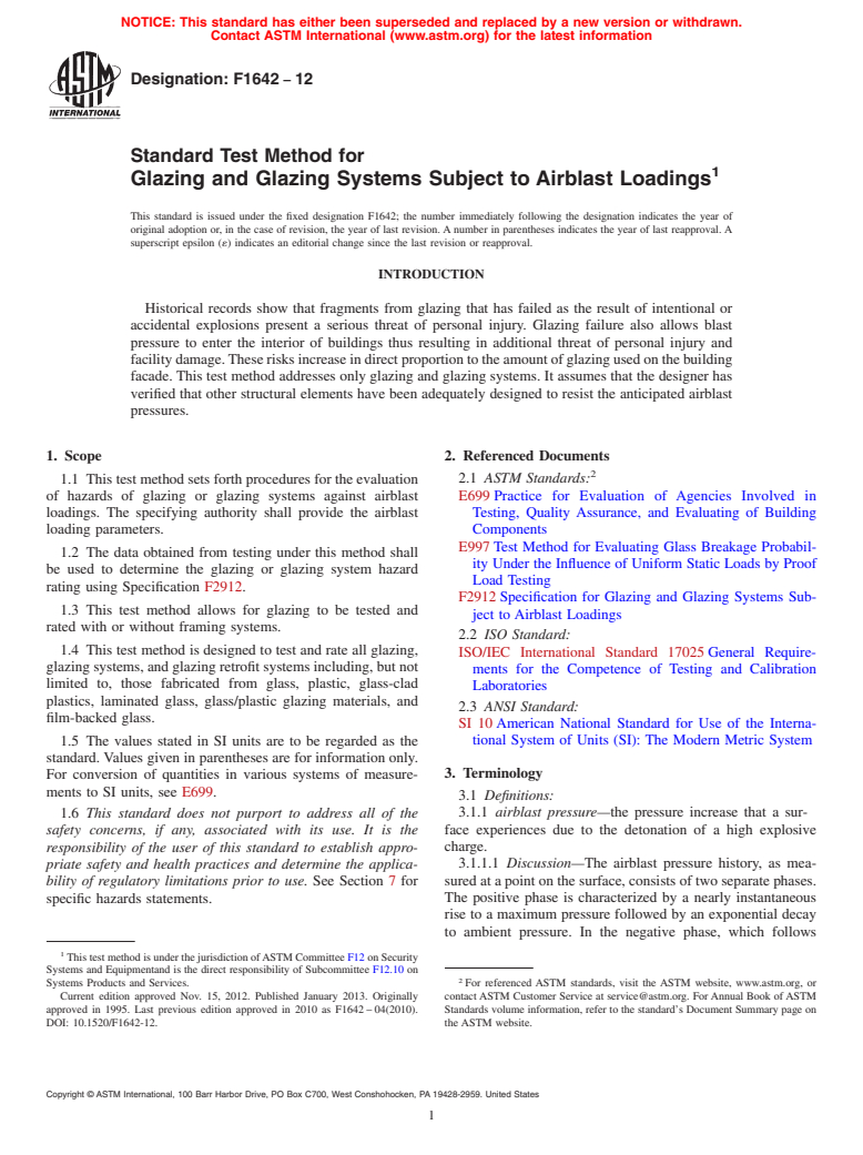 ASTM F1642-12 - Standard Test Method for  Glazing and Glazing Systems Subject to Airblast Loadings