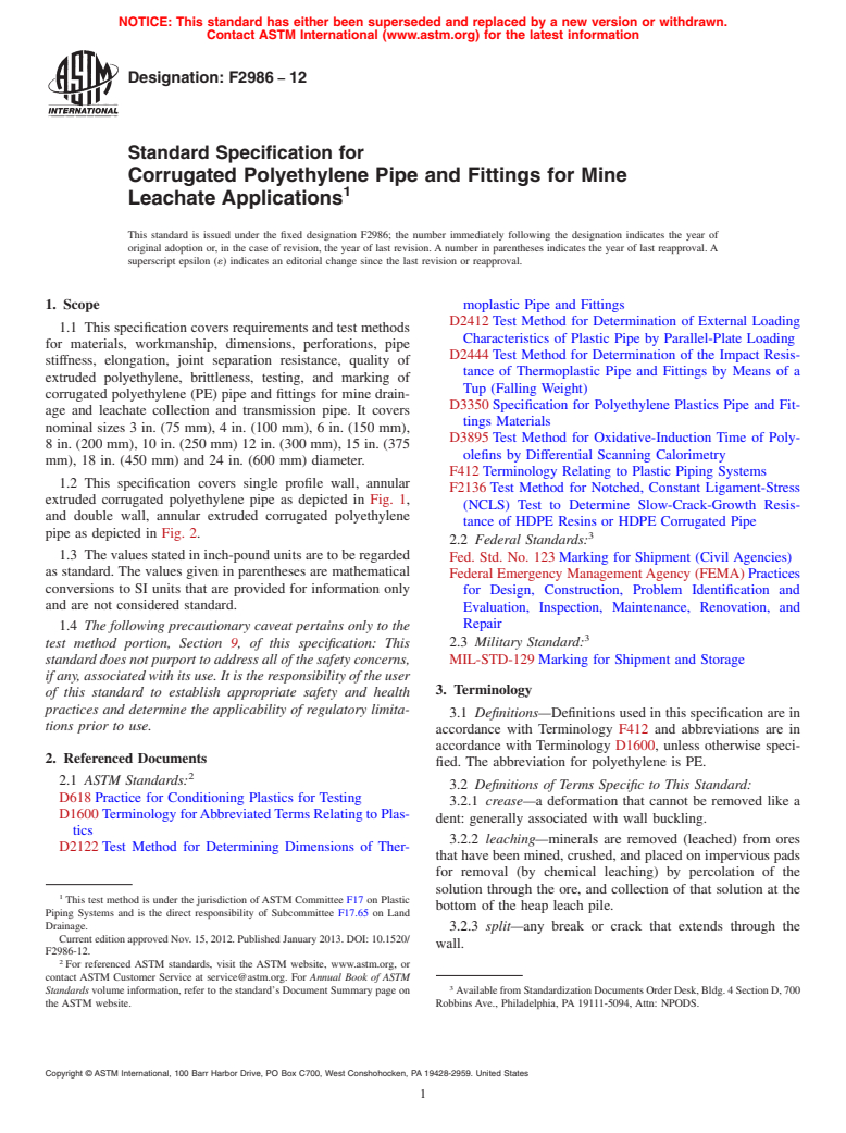 ASTM F2986-12 - Standard Specification for Corrugated Polyethylene Pipe and Fittings for Mine Leachate  Applications