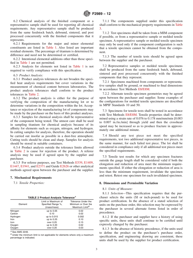 ASTM F2989-12 - Standard Specification for Metal Injection Molded Unalloyed Titanium Components for Surgical  Implant Applications