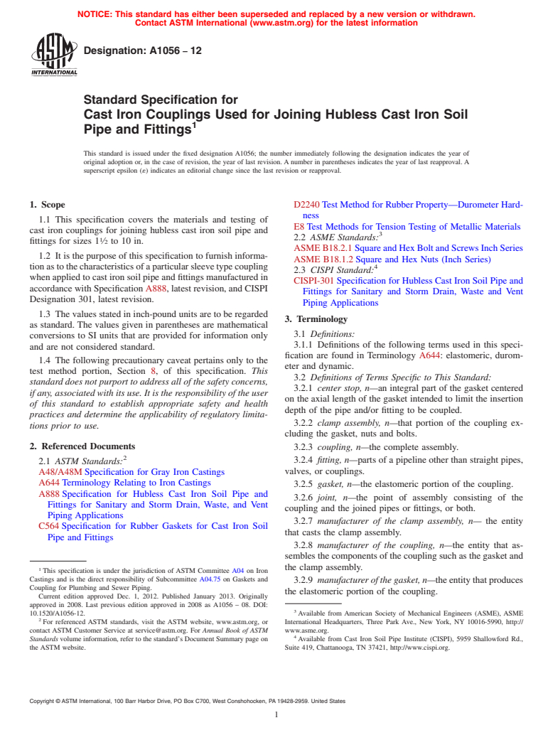 ASTM A1056-12 - Standard Specification for  Cast Iron Couplings Used for Joining Hubless Cast Iron Soil  Pipe and Fittings