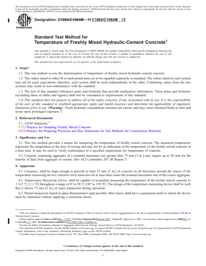 REDLINE ASTM C1064/C1064M-12 - Standard Test Method for  Temperature of Freshly Mixed Hydraulic-Cement Concrete