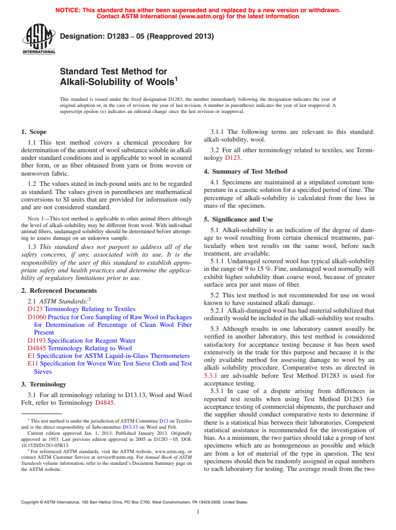 ASTM D1283-05(2013) - Standard Test Method for  Alkali-Solubility of Wools (Withdrawn 2022)