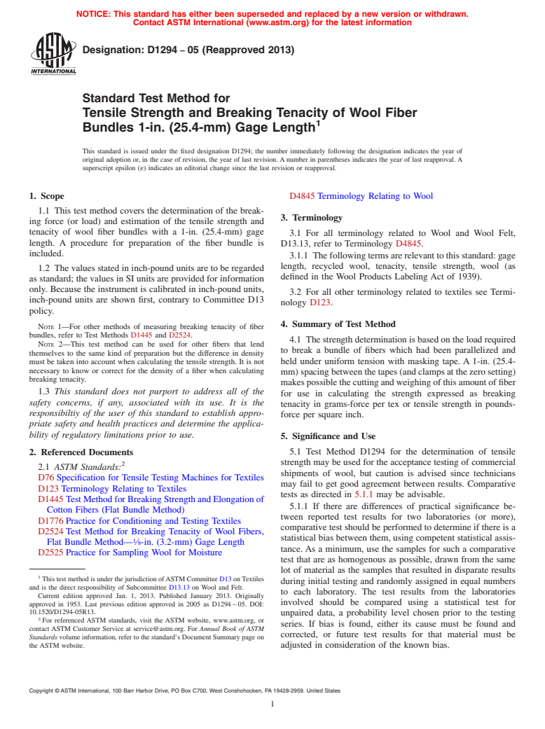 ASTM D1294-05(2013) - Standard Test Method for  Tensile Strength and Breaking Tenacity of Wool Fiber Bundles  1-in. (25.4-mm) Gage Length (Withdrawn 2022)